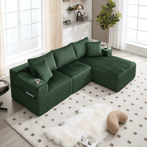 Sofá modular de 3 lugares com chaise longue - Tecido veludo cotelê macio, 5 almofadas, bolsos laterais, suporte para bebidas - Esmeralda