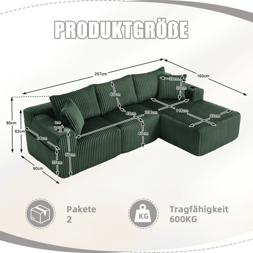 Sofá modular de 3 lugares com chaise longue - Tecido veludo cotelê macio, 5 almofadas, bolsos laterais, suporte para bebidas - Esmeralda