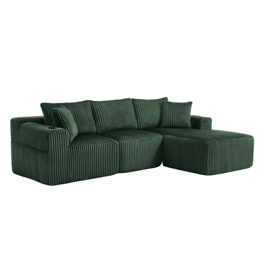 Sofá modular de 3 lugares com chaise longue - Tecido veludo cotelê macio, 5 almofadas, bolsos laterais, suporte para bebidas - Esmeralda