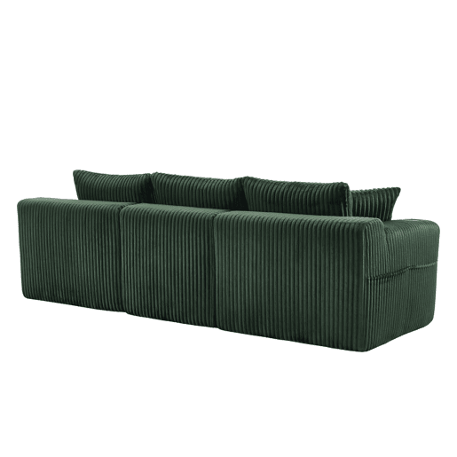 Sofá modular de 3 lugares com chaise longue - Tecido veludo cotelê macio, 5 almofadas, bolsos laterais, suporte para bebidas - Esmeralda