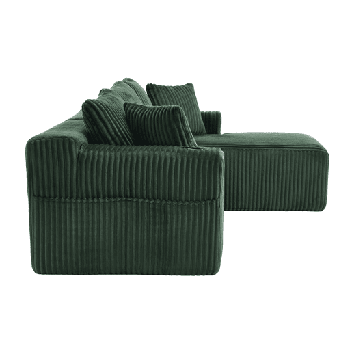 Sofá modular de 3 lugares com chaise longue - Tecido veludo cotelê macio, 5 almofadas, bolsos laterais, suporte para bebidas - Esmeralda