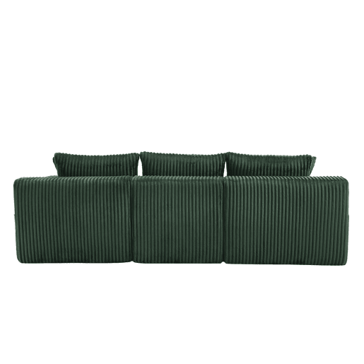 Sofá modular de 3 lugares com chaise longue - Tecido veludo cotelê macio, 5 almofadas, bolsos laterais, suporte para bebidas - Esmeralda