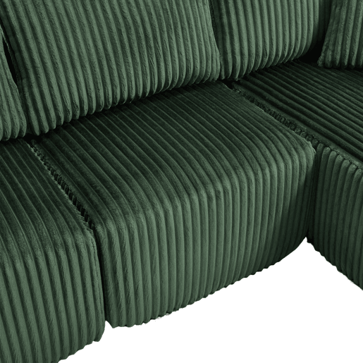 Sofá modular de 3 lugares com chaise longue - Tecido veludo cotelê macio, 5 almofadas, bolsos laterais, suporte para bebidas - Esmeralda