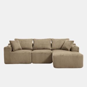 Sofá modular de 3 lugares - chaise longue, 5 almofadas, bolsos laterais, porta-copos, tecido macio, espuma densa - cáqui