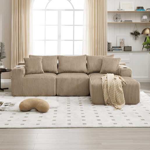 Sofá modular de 3 lugares - chaise longue, 5 almofadas, bolsos laterais, porta-copos, tecido macio, espuma densa - cáqui