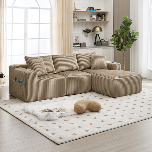 Sofá modular de 3 lugares - chaise longue, 5 almofadas, bolsos laterais, porta-copos, tecido macio, espuma densa - cáqui