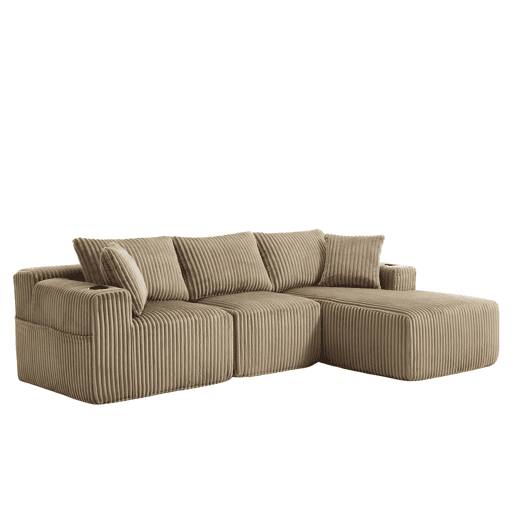 Sofá modular de 3 lugares - chaise longue, 5 almofadas, bolsos laterais, porta-copos, tecido macio, espuma densa - cáqui