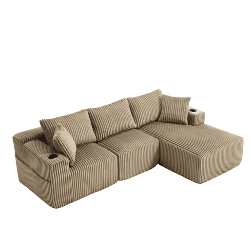 Sofá modular de 3 lugares - chaise longue, 5 almofadas, bolsos laterais, porta-copos, tecido macio, espuma densa - cáqui