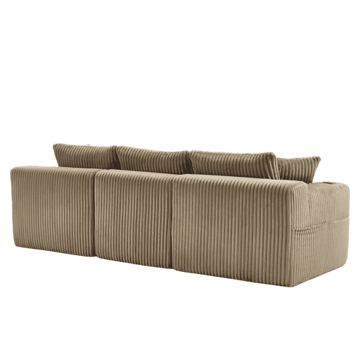 Sofá modular de 3 lugares - chaise longue, 5 almofadas, bolsos laterais, porta-copos, tecido macio, espuma densa - cáqui
