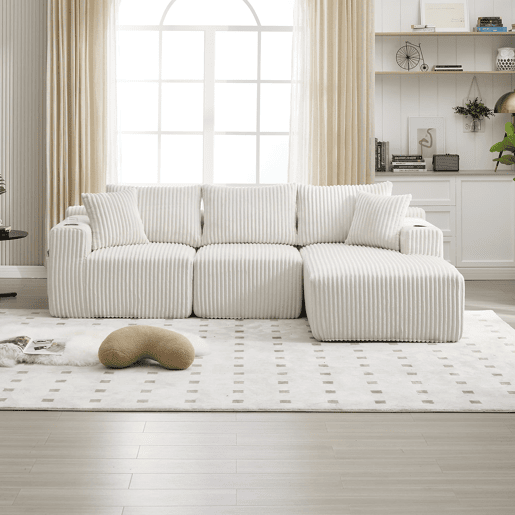 Sofá modular de 3 lugares - com chaise longue, 5 almofadas, bolsos laterais - Bege