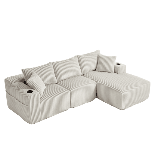 Sofá modular de 3 lugares - com chaise longue, 5 almofadas, bolsos laterais - Bege