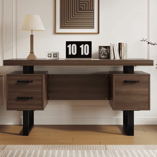Secretária simples 135 x 54 cm - MDF e aço, gaveta silenciosa, gaveta para pastas, resistente à água - Castanho