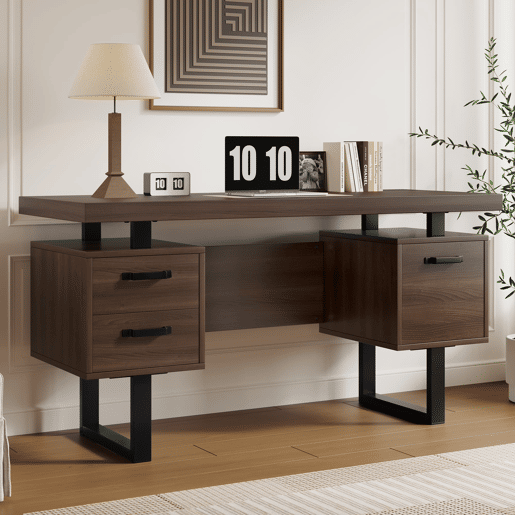 Secretária simples 135 x 54 cm - MDF e aço, gaveta silenciosa, gaveta para pastas, resistente à água - Castanho
