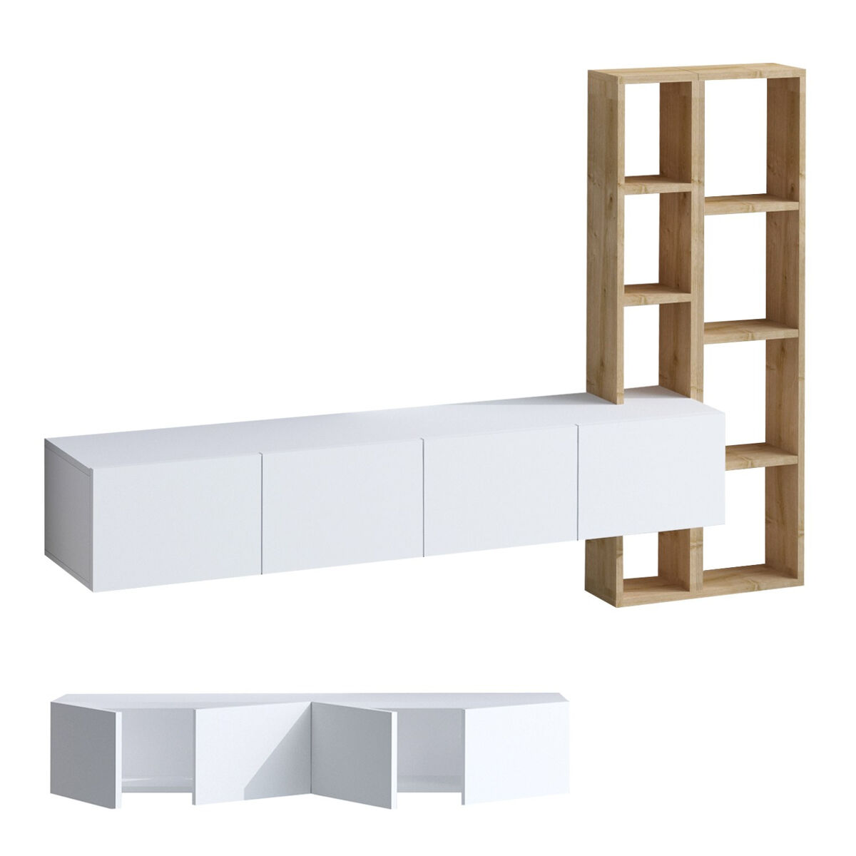 Mueble de tv 4 puertas blanco con estantería de roble l182 cm - pana