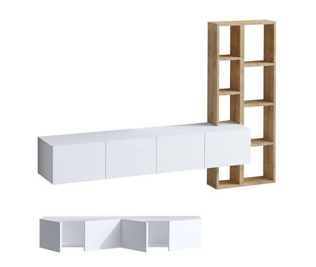 Mueble de tv 4 puertas blanco con estantería de roble l182 cm - pana