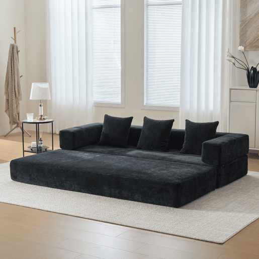 Sofá modular de 2 lugares - chenille macio, combinável, com bolsos e base antiderrapante - preto Sofá modular de 2 lugares - chenille macio, combinável, com bolsos e base antiderrapante - preto