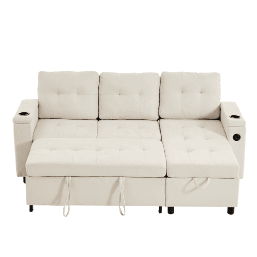 Sofá-cama em L 208x146x89,5 cm - chaise longue com arrumação e LED - bege