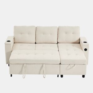 Sofá-cama em L 208x146x89,5 cm - chaise longue com arrumação e LED - bege