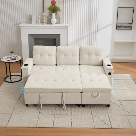 Sofá-cama em L 208x146x89,5 cm - chaise longue com arrumação e LED - bege