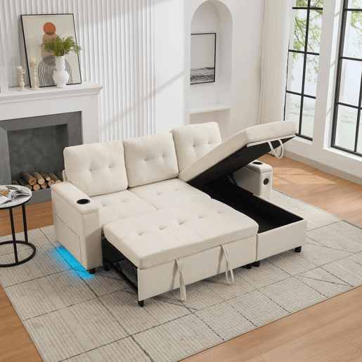 Sofá-cama em L 208x146x89,5 cm - chaise longue com arrumação e LED - bege