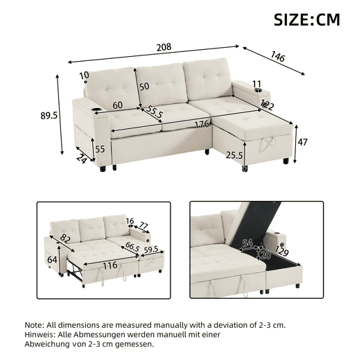 Sofá-cama em L 208x146x89,5 cm - chaise longue com arrumação e LED - bege