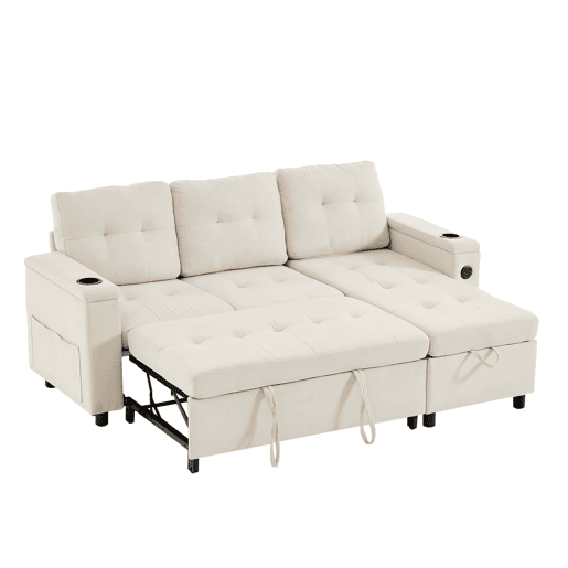 Sofá-cama em L 208x146x89,5 cm - chaise longue com arrumação e LED - bege