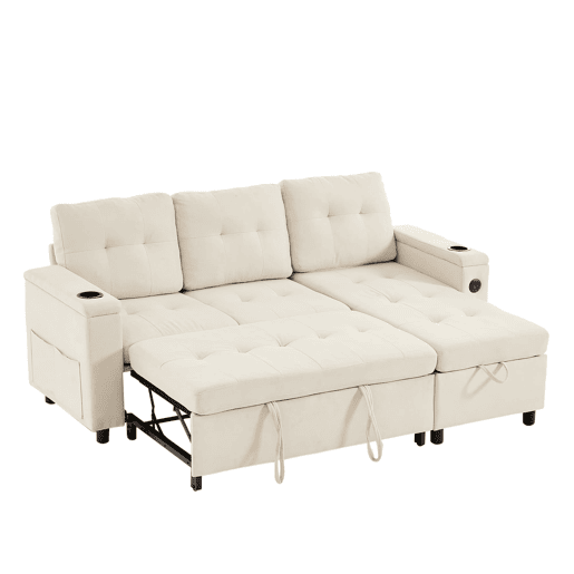 Sofá-cama em L 208x146x89,5 cm - chaise longue com arrumação e LED - bege