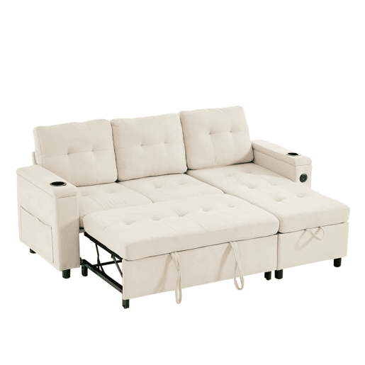 Sofá-cama em L 208x146x89,5 cm - chaise longue com arrumação e LED - bege