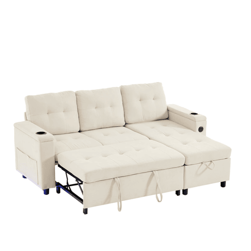 Sofá-cama em L 208x146x89,5 cm - chaise longue com arrumação e LED - bege
