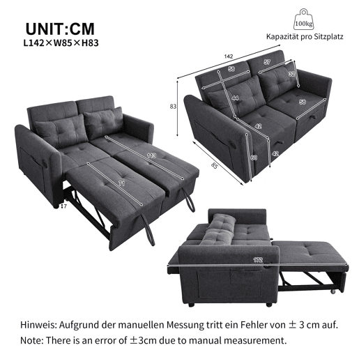 Sofá 3 em 1 - Encosto ajustável, portas USB, bolsos nos braços, cinza