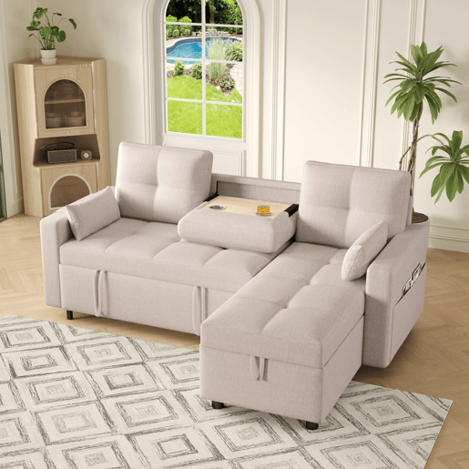 Sofá moderno em L com 3 lugares - Sofá modular conversível - Com arrumação e suporte para bebidas - Bege