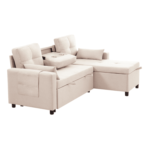 Sofá moderno em L com 3 lugares - Sofá modular conversível - Com arrumação e suporte para bebidas - Bege