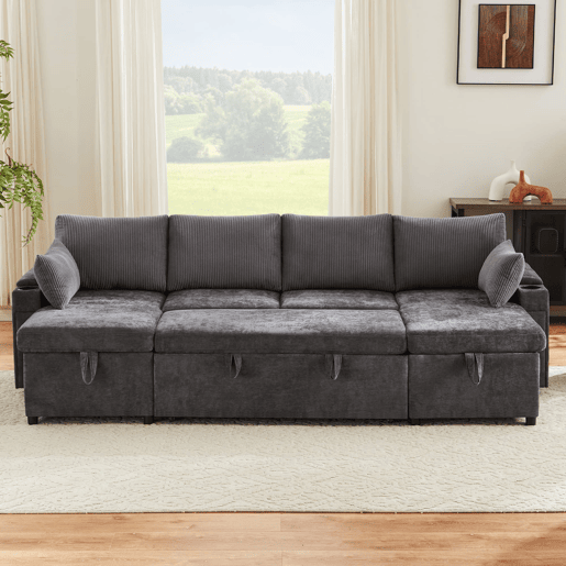 Sofá-cama em U para 4 pessoas - Com bebida, arrumação, função cama - Cinza