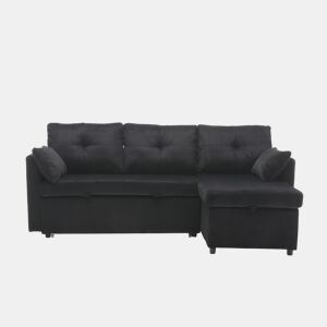 Sofá-cama multifuncional de 3 lugares - com arrumação, chaise longue intercambiável, preto