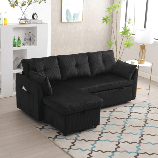 Sofá-cama multifuncional de 3 lugares - com arrumação, chaise longue intercambiável, preto