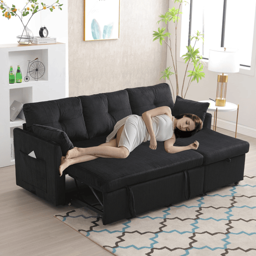 Sofá-cama multifuncional de 3 lugares - com arrumação, chaise longue intercambiável, preto
