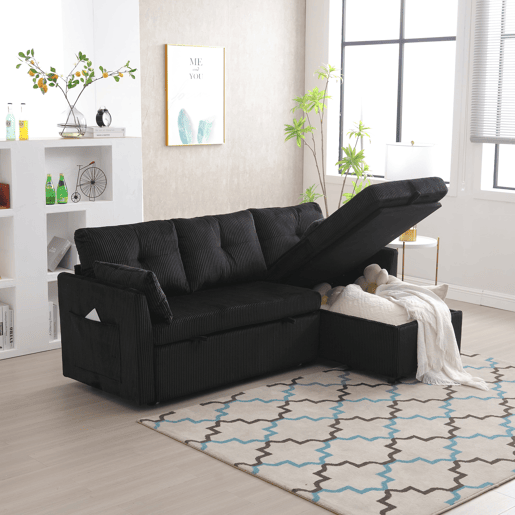 Sofá-cama multifuncional de 3 lugares - com arrumação, chaise longue intercambiável, preto