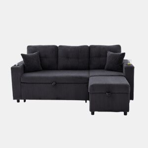 Sofá multifuncional de 3 lugares - Com arrumação, cama extensível, USB-C, iluminação ambiente, porta-copos, braços largos - Cinza escuro