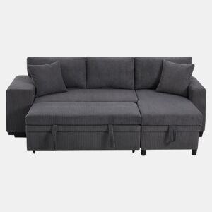 Sofá-cama em L para 3 pessoas - Convertível, com USB, almofadas e arrumação - Cinza