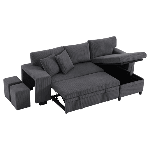 Sofá-cama em L para 3 pessoas - Convertível, com USB, almofadas e arrumação - Cinza