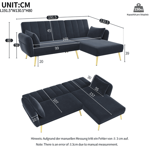 Sofá-cama moderno de 3 lugares - Sofá de canto L com função de cama - Preto