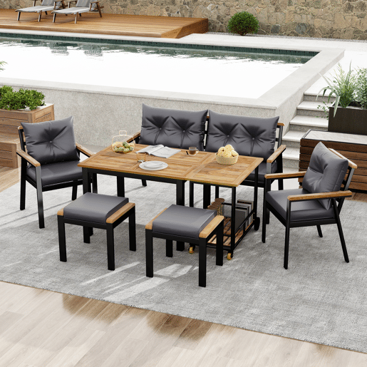Conjunto de sala de jantar exterior para 6-7 pessoas - Mesa de jardim com cadeiras e carrinho removível, almofada removível e lavável - Preto+Cinza, Natural