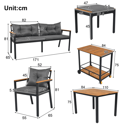 Conjunto de sala de jantar exterior para 6-7 pessoas - Mesa de jardim com cadeiras e carrinho removível, almofada removível e lavável - Preto+Cinza, Natural