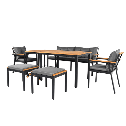 Conjunto de sala de jantar exterior para 6-7 pessoas - Mesa de jardim com cadeiras e carrinho removível, almofada removível e lavável - Preto+Cinza, Natural