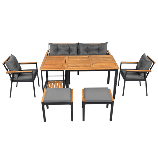 Conjunto de sala de jantar exterior para 6-7 pessoas - Mesa de jardim com cadeiras e carrinho removível, almofada removível e lavável - Preto+Cinza, Natural