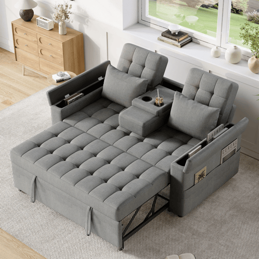 Sofá-cama de 2 lugares - Com arrumação, encosto ajustável, apoios de braços com compartimentos - Cinza Sofá-cama de 2 lugares - Com arrumação, encosto ajustável, apoios de braços com compartimentos - Cinza