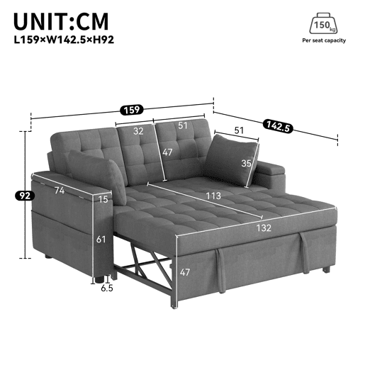 Sofá-cama de 2 lugares - Com arrumação, encosto ajustável, apoios de braços com compartimentos - Cinza Sofá-cama de 2 lugares - Com arrumação, encosto ajustável, apoios de braços com compartimentos - Cinza