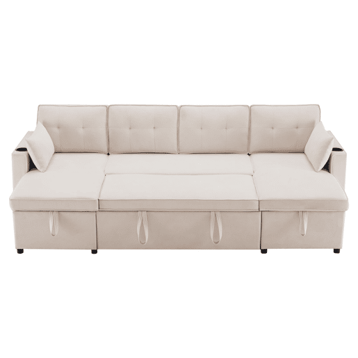Sofá-cama em forma de U para 4 pessoas - Com função de cama, arrumação e porta-copos - Bege