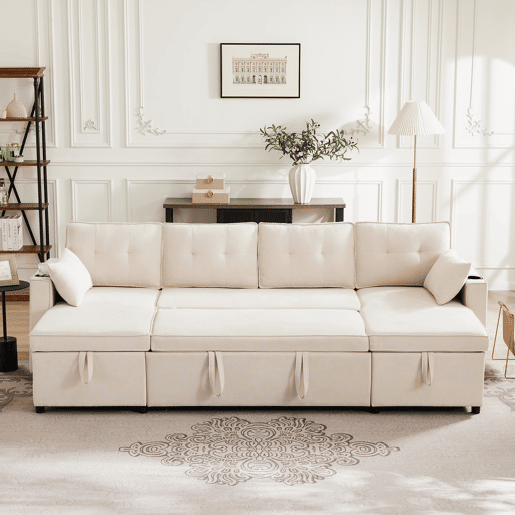 Sofá-cama em forma de U para 4 pessoas - Com função de cama, arrumação e porta-copos - Bege
