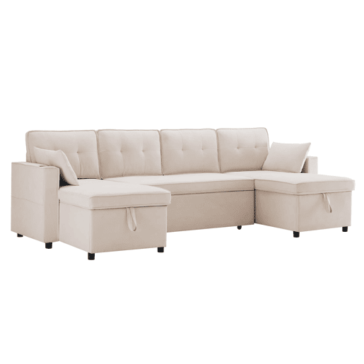 Sofá-cama em forma de U para 4 pessoas - Com função de cama, arrumação e porta-copos - Bege